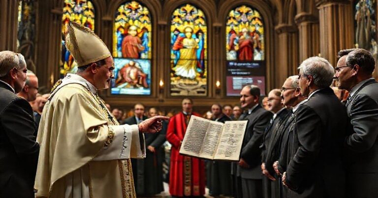 Kardynał w tradycyjnych strojach kościelnych stojący przed grupą europejskich liderów przed witrażem przedstawiającym Chrystusa Króla.