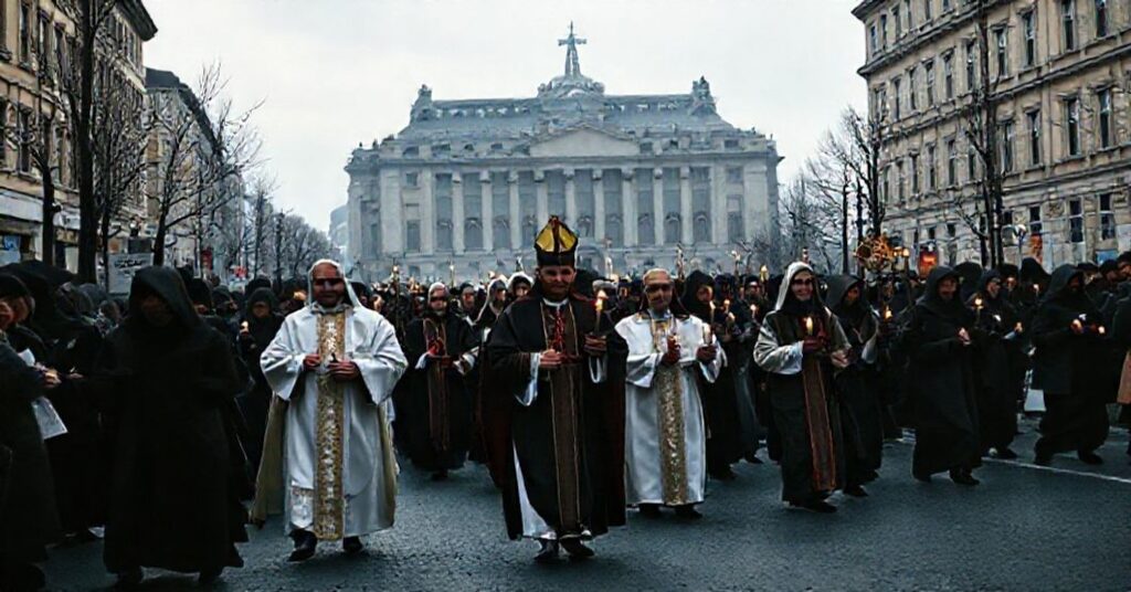 Pielgrzymka katolicka w Europie symbolizująca kryzys duchowy i apostazję