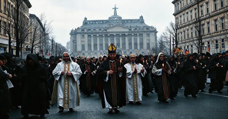 Pielgrzymka katolicka w Europie symbolizująca kryzys duchowy i apostazję