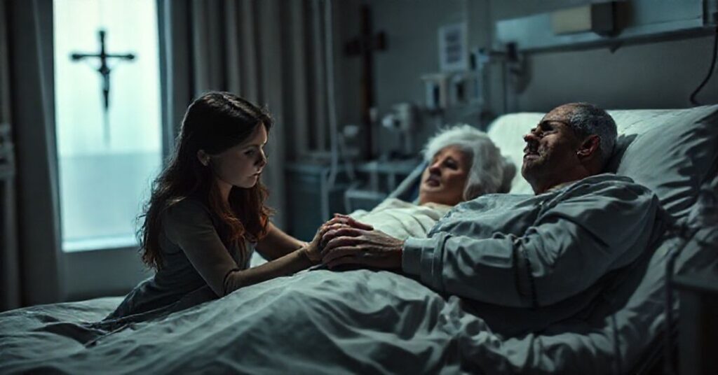 Scena dramatyczna przedstawiająca momencie wspólnego samobójstwa z pomocą medyczną w katolickim kontekście.