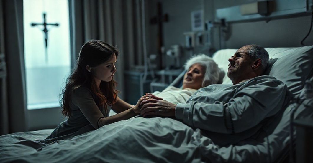 Scena dramatyczna przedstawiająca momencie wspólnego samobójstwa z pomocą medyczną w katolickim kontekście.
