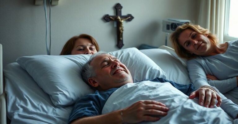 Zdjęcie Briana McPhersona na łożu śmierci z rodziną w szpitalu medycznym w Kanadzie
