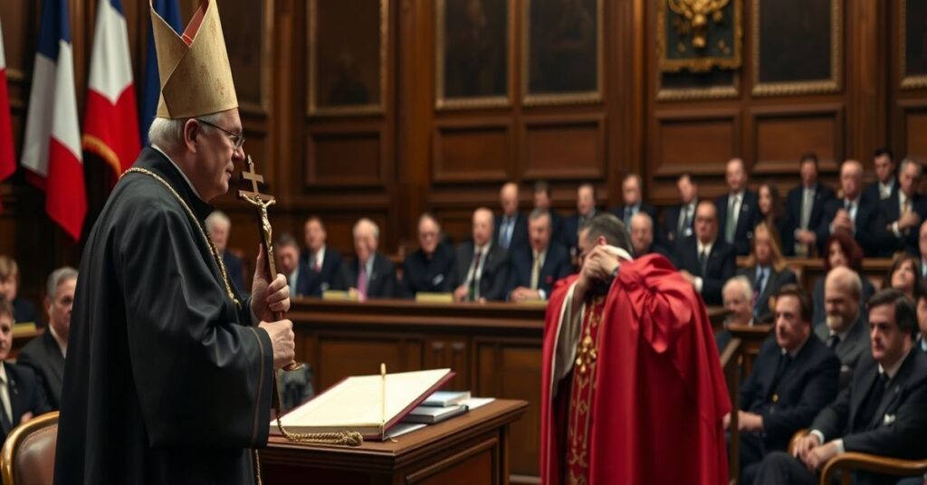 Scena w sali obrad francuskiego Zgromadzenia Narodowego podczas ostatecznego głosowania nad legalizacją eutanasji. Katolicki biskup w pełnych ornatach stoi przed zgromadzeniem trzymając krzyż.