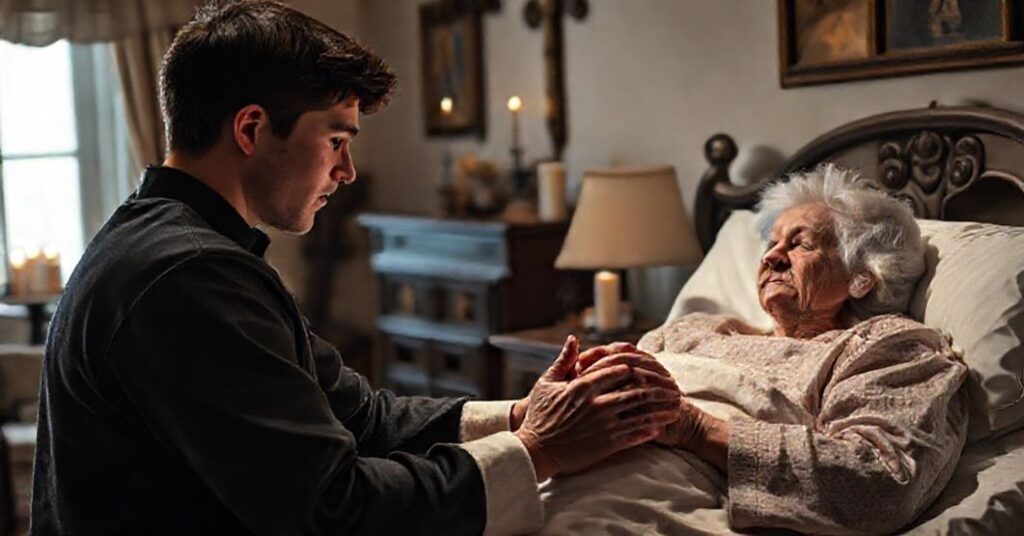 Młody człowiek trzyma ręce swojej umierającej babci w tradycyjnym katolickim domu z akcentami religijnymi.