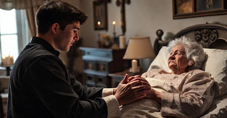 Młody człowiek trzyma ręce swojej umierającej babci w tradycyjnym katolickim domu z akcentami religijnymi.