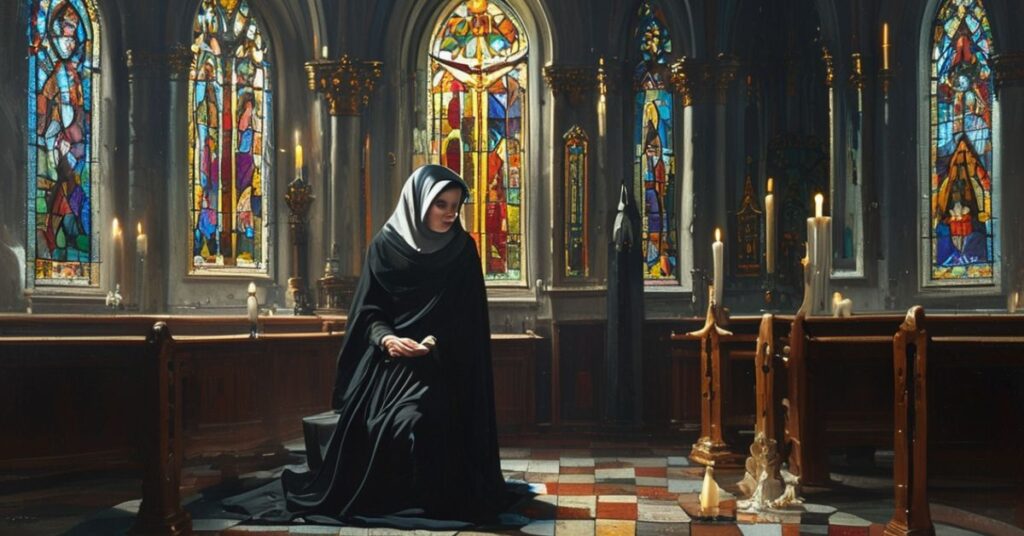 Eva Vlaardingerbroek modli się w tradycyjnym kościele katolickim przed krzyżem z Benedicten Kiely w tle