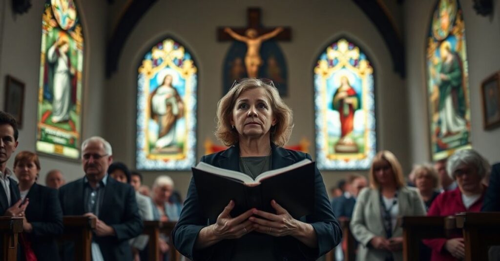 Eva Vlaardingerbroek - katolicka aktywistka i konwertytka - w tradycyjnym kościele katolickim otoczona poważnymi katolikami w atmosferze troski i opozycji wobec współczesnych prześladowań