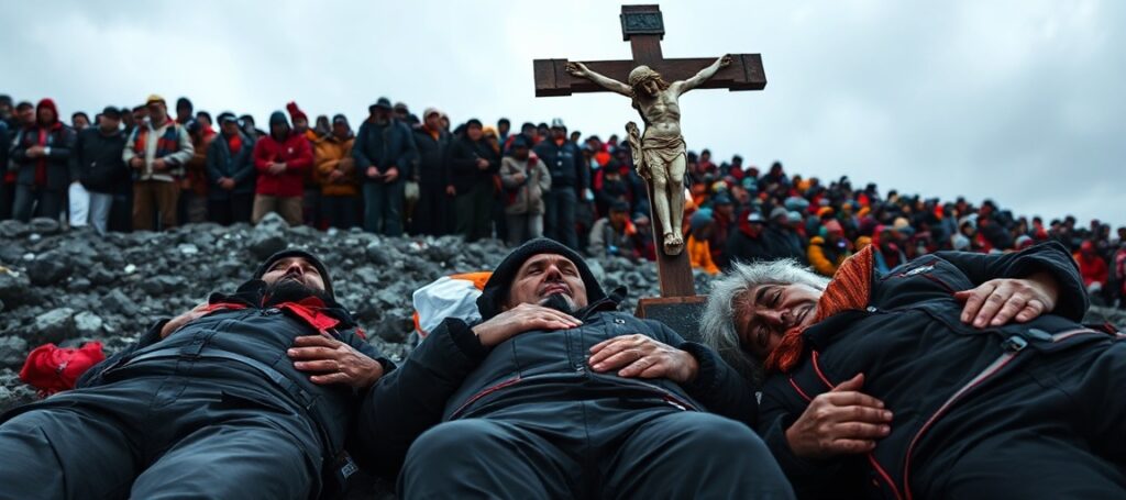 Trzej zmarli wspinacze w modlitewnej pozycji u podnóża Mount Everestu z tłem 274 wspinaczy i krzyża w pierwszym planie