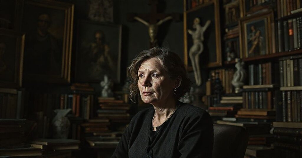 Ewa Bieńskowka w bibliotece z książkami i portretami kontrowersyjnych autorów na tle renesansowych obrazów, symbolizujących konflikt między kulturą świecką a katolicką prawdą