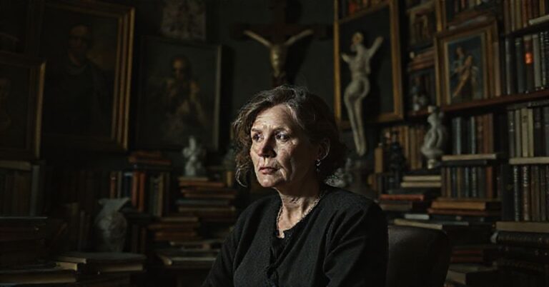 Ewa Bieńskowka w bibliotece z książkami i portretami kontrowersyjnych autorów na tle renesansowych obrazów, symbolizujących konflikt między kulturą świecką a katolicką prawdą