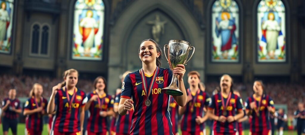 Ewa Pajor z Barceloną świętuje zwycięstwo w finale Ligi Mistrzów Kobiet przed tłem kościoła katolickiego z witrażami przedstawiającymi Chrystusa-Króla.
