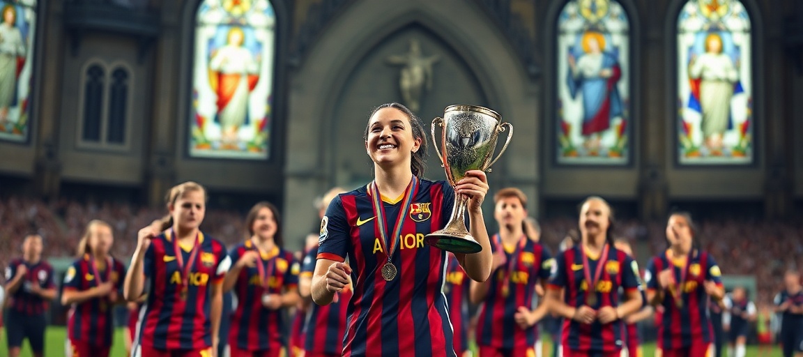 Ewa Pajor z Barceloną świętuje zwycięstwo w finale Ligi Mistrzów Kobiet przed tłem kościoła katolickiego z witrażami przedstawiającymi Chrystusa-Króla.