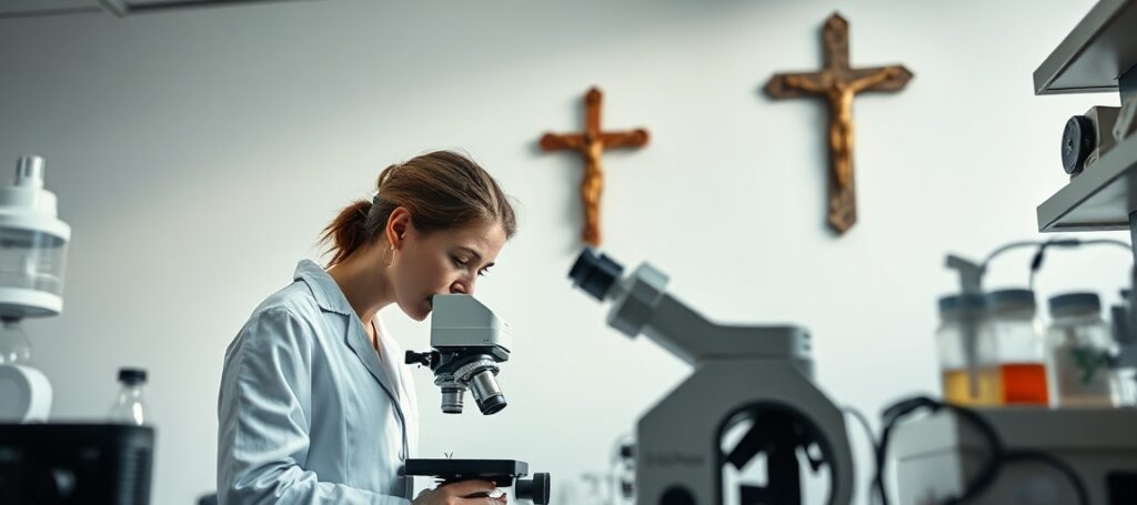 Ewa Paluch obserwuje komórki w laboratorium z krzyżem na ścianie