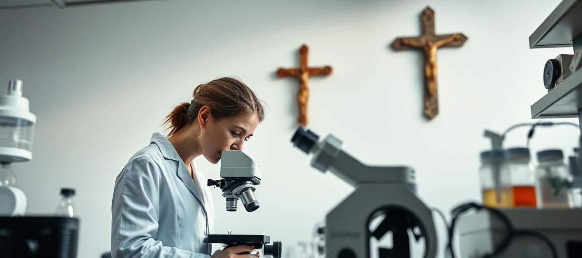 Ewa Paluch obserwuje komórki w laboratorium z krzyżem na ścianie