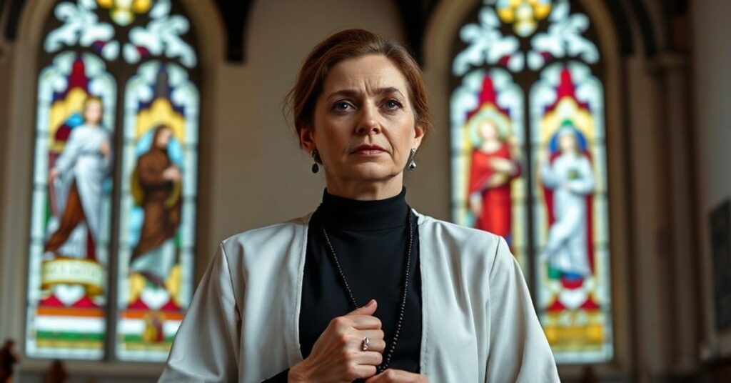 Kobieta katolicka w tradycyjnym wnętrzu kościoła trzymając różaniec, symbolizująca walkę o wolność słowa przeciwko totalitaryzmowi Keira Starmera.