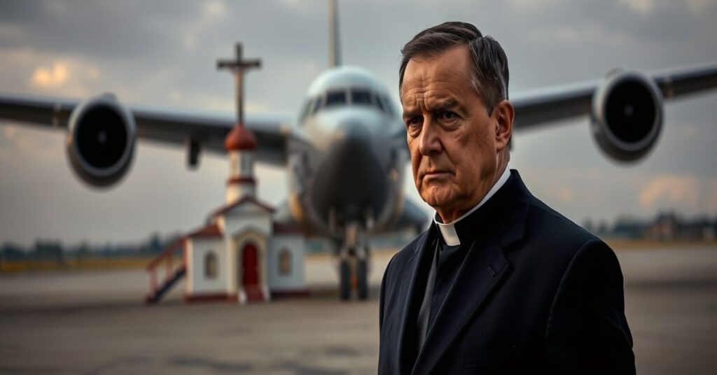 Obraz przedstawiający urzędnika rządu polskiego przed samolotem ewakuacyjnym w Omanie, bez odniesienia do Chrystusa Krála, symbolizujący świecki humanitaryzm.