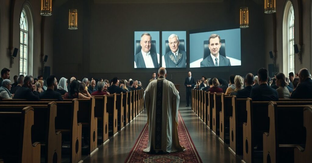 Kapelan katolicki w tradycyjnych szatach modli się przed grupą ewakuowanych Polaków z Bliskiego Wschodu w prawdziwym wnętrzu kościoła bez kontekstu religijnego.