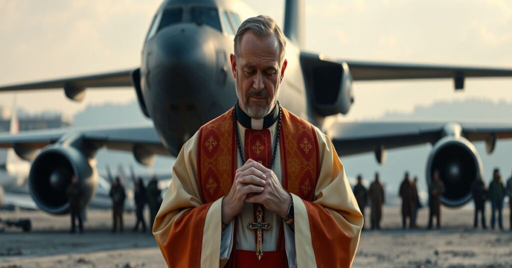 Ksiądz katolicki w sutannie modli się nad ewakuowanymi Polakami na Bliskim Wschodzie, z samolotem wojskowym w tle.