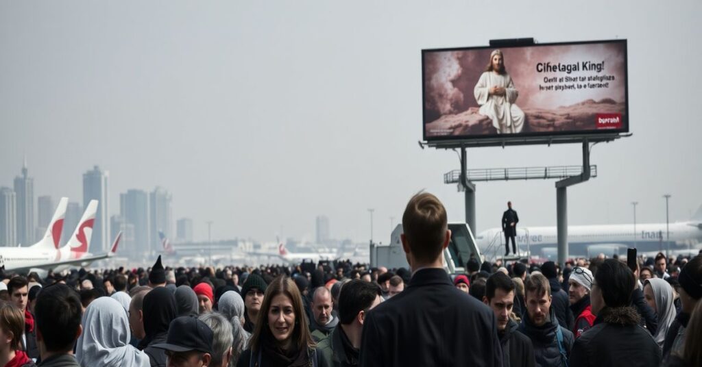 Scena ewakuacji z ZEA i Kataru - ludzie w panice podczas lotów organizowanych przez MSZ. W tle: lotnisko i symbolika katolicka.