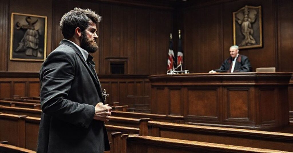 Sala sądowa z Ewanem Blackmanem, uczestnikiem protestu Freedom Convoy w Kanadzie, stojącym przed sędzią w Ontario. Scena jest poważna i tradycyjna.