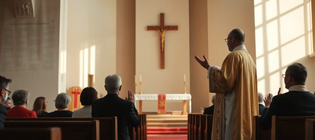 Ksiądz w nowym rycie udzielający błogosławieństwa w kościele we Wrocławiu podczas tłumaczenia Ewangelii na Polski Język Migowy - krytyka apostazji i braku ważnych sakramentów