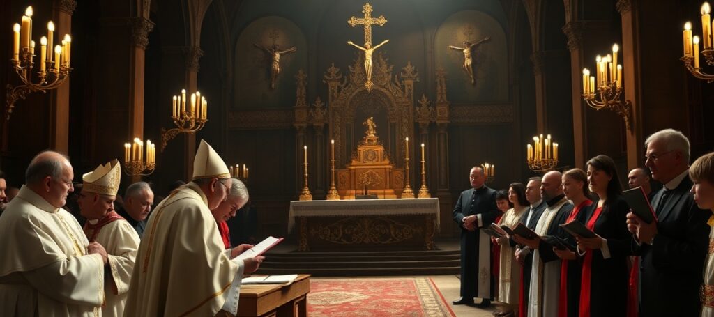 Wnętrze kościoła z kardynałem Leem XIV podpisującym fałszywy dekret ekskomuniki wobec lefebrystów podczas ceremonii o wątpliwej ważności sakramentalnej
