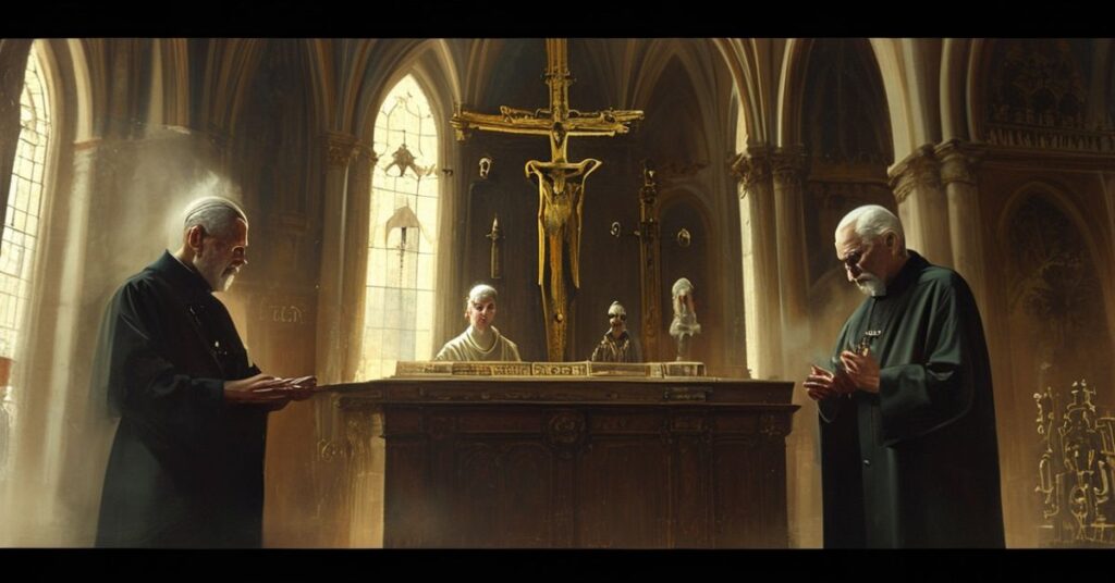 Szerokie zdjęcie przedstawiające Michael Warszawskiego, Montse Alvarado i Kena Olivera-Méndeza w tradycyjnym wnętrzu katedry z ołtarzem i krucyfiksem na tle.