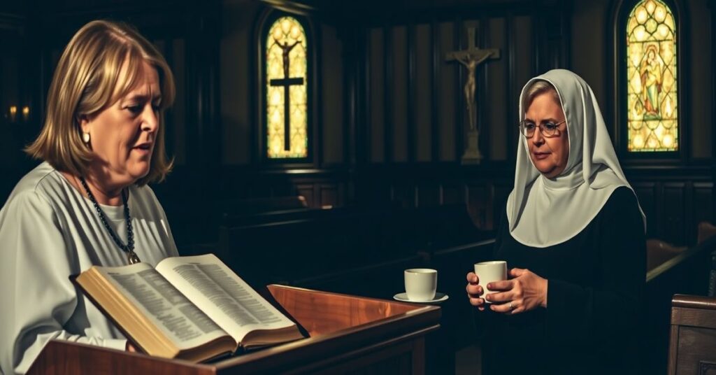 Seriousne tło katolickiego kościoła z drzewianą amboną i otwartą Biblią w tle, z wyraźnym zmartwieniem na twarzy Siobhan Fallon Hogan podczas rozmowy z Jonathanem Roumie, Patricią Heaton i siostrą Mary Gabriel bez habitu w luźnym ubraniu.