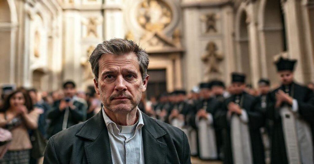 David Henrie przed kościołem renesansowym z grupą katolickich księży modlących się w tle