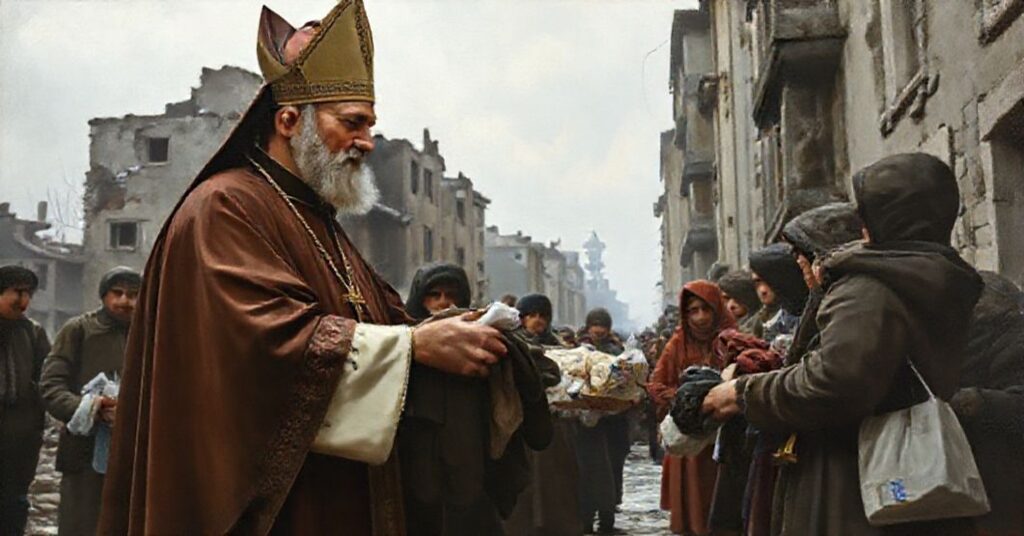 Uroczysty katolicki obraz przedstawiający fałszywe "miłosierdzie" nowoczesnego Kościoła, gdzie biskup Jan Sobioło rozdaje pomoc materialną na ulicach Charkowa. Scena jest realistyczna i poważna.