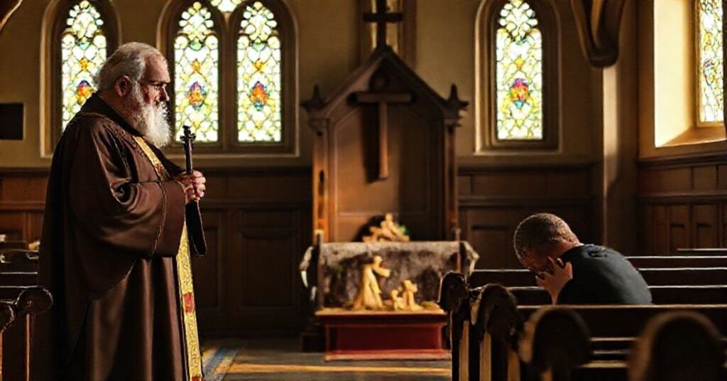 Tradycyjny wnętrze kościoła katolickiego w czasie Adwentu z kapłanem w tradycyjnym habicie i pokutnikiem przy spowiedzi