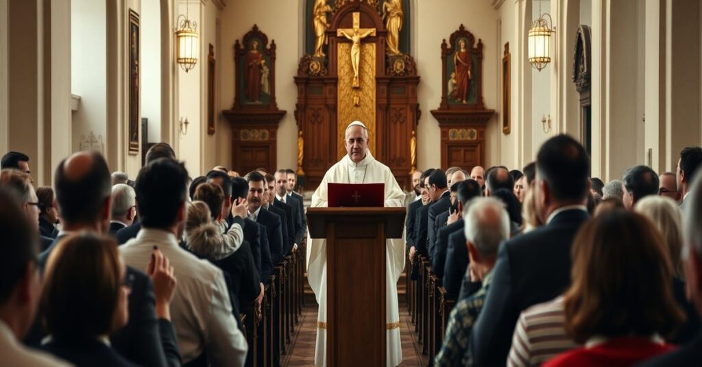 Solemne zdjęcie wnętrza kościoła z fikcyjnym "papieżem Leonem XIV" wygłaszającym homilię w parafii Santa Maria Regina Pacis w Ostii.