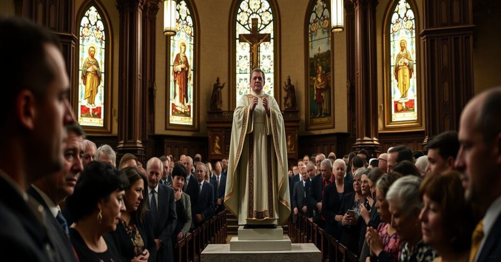 Wnętrze kościoła katolickiego z rzeźbą Fulton Sheena w tle podczas fałszywej ceremonii beatyfikacyjnej