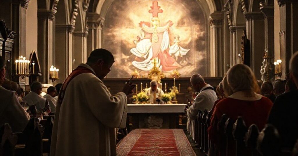 Tradycyjna msza św. w kościele z uwzględnieniem konsekracji do Serca Jezusowego, kontrastująca z nowoczesną manipulacją.