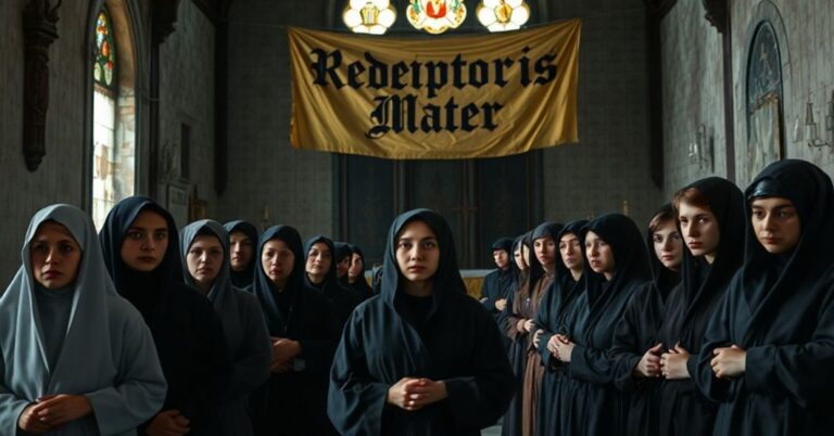 Młodzi kandydaci do życia konsekrowanego w ruinach ukraińskiego kościoła podczas wojny. Tylko kilka osób w tradycyjnych habitach.