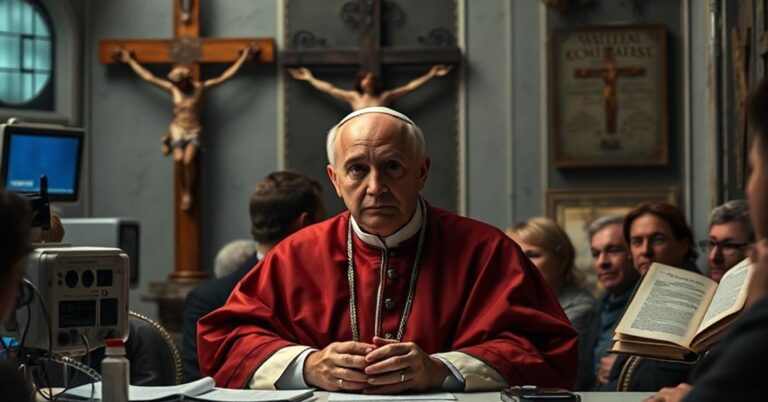 Obraz przedstawiający fałszywego papieża Leo XIV na konferencji o sztucznej inteligencji i medycynie, otoczonego technokratycznymi symbolami.