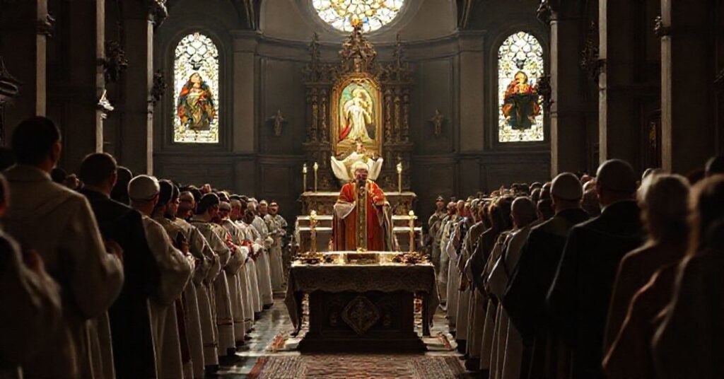 Scena w tradycyjnej katolickiej kościele podczas uroczystości w diecezji łowickiej z udziałem fałszywego papieża Leona XIV i relikwii "św." Wiktorii.