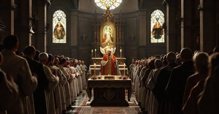 Scena w tradycyjnej katolickiej kościele podczas uroczystości w diecezji łowickiej z udziałem fałszywego papieża Leona XIV i relikwii "św." Wiktorii.
