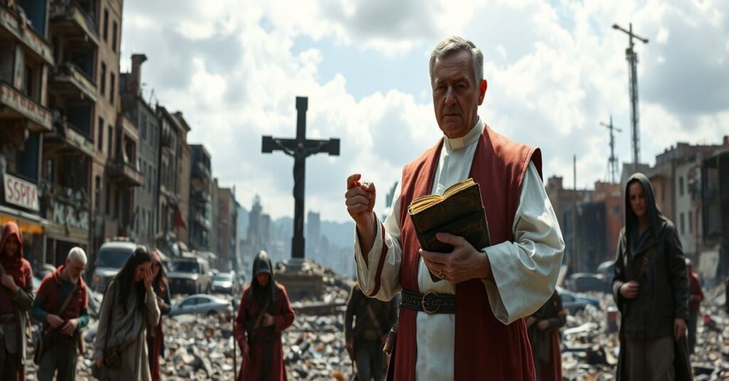 Katolicki ksiądz w tradycyjnych szatach kapłańskich stoi wśród ruin miasta w scenie zaczerpniętej z uniwersum Fallout. Na pierwszym planie są przerażeni ludzie w postapokaliptycznych strojach. Ksiądz trzyma Biblię i wskazuje na nią, wyrażając solidarną nadzieję chrześcijaństwa w obliczu chaosu.