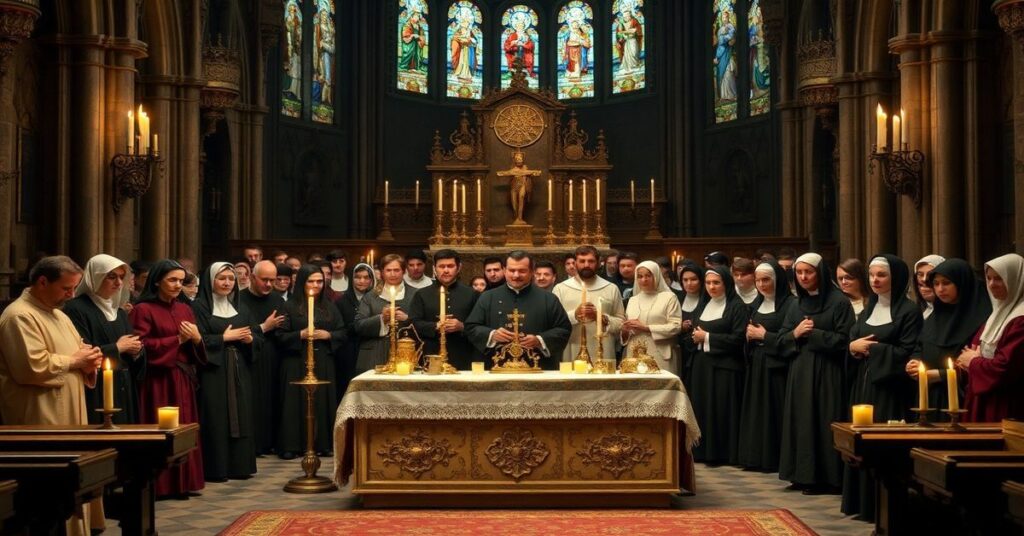 Grupa 54 Sług i Służebnic Bożych modli się przed tradycyjnym ołtarzem w katedrze, z historycznymi świętymi i męczennikami w dawnych szatach.