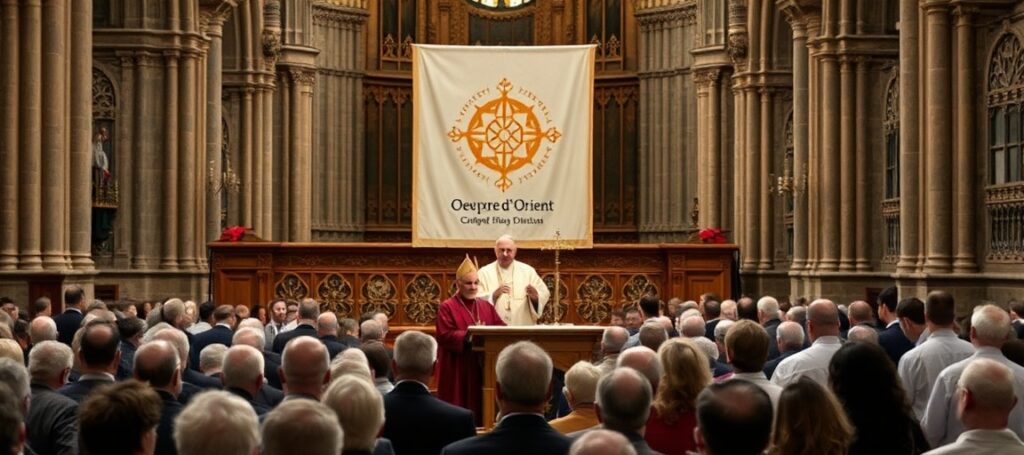 Zdjęcie przedstawia fałszywego papieża Leona XIV i kardynała Claudio Gugerottiego w katedrze Notre-Dame podczas przemówienia o ekumenicznej działalności Oeuvre d'Orient