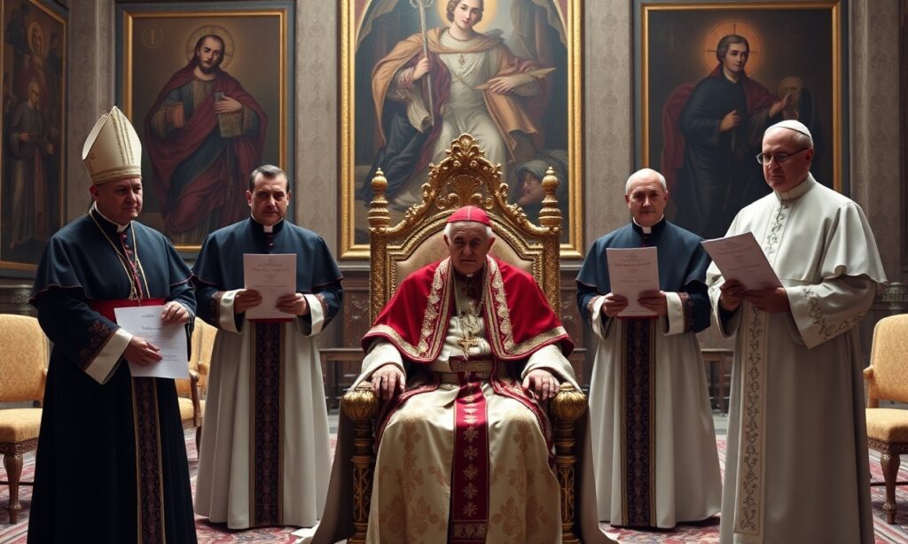 Obrázek przedstawiający fałszywego papieża Leona XIV i czterech nowo mianowanych 'biskupów' w Watykanie
