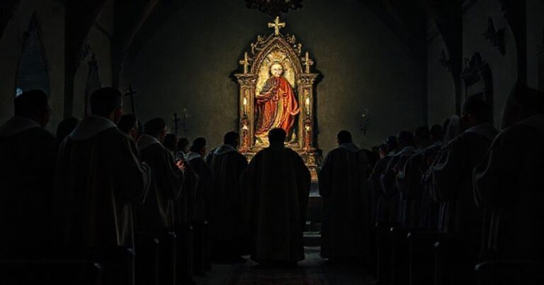 Poważna scena w tradycyjnym kościele na Jasnej Górze przedstawiająca fałszywe rekolekcje dla nowoczesnych biskupów, z akcentem na heretyckie rytuały. Na obrazie widoczny jest spowiednik Jan Jędraszek i kler w modernistycznych ornatach przed kojarzonym ze świętymi obrazem Matki Bożej.