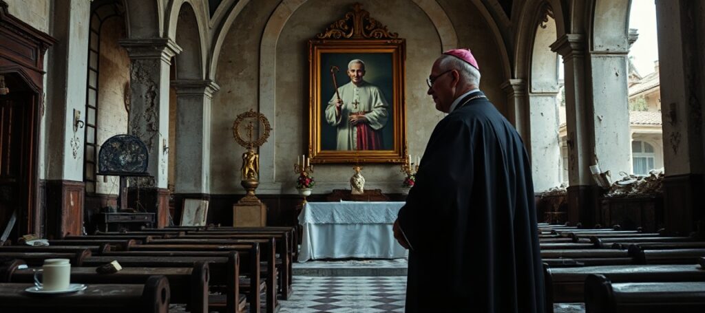 Obraz przedstawiający fałszywego „arcybiskupa” z Wenezueli w zniszczonym kościele katolickim.