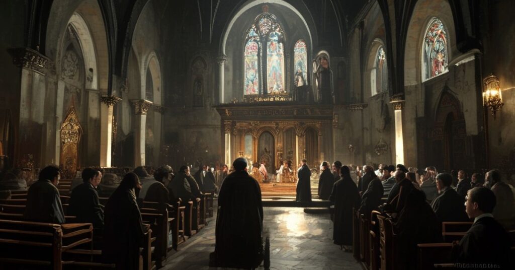 Ciemne wnętrze kościoła w Krakowie-Płaszowie z grupą wiernych podczas fałszywej adoracji przed tabernakulum. Scena podkreśla teologiczne pustkę opisywania w artykule.