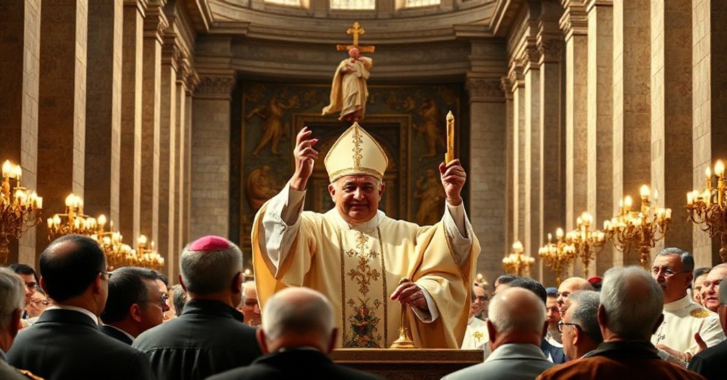 Msza święta w Bazylice św. Piotra z biskupem Robertem Chrząszczem podnoszącym relikwie fałszywego papieża otoczonego dyplomatami i symbolami ekumenizmu.