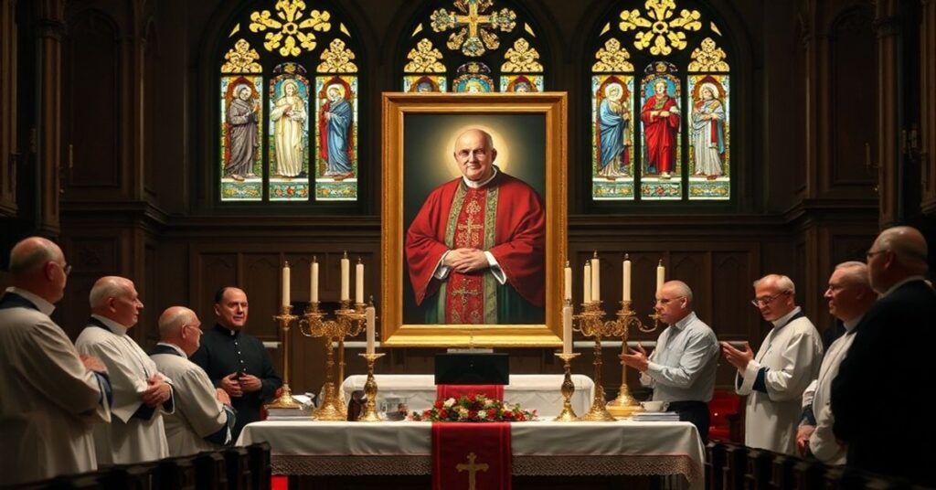 Scena tradycyjnej katoliczkiej ceremonii z ołtarzem i Duchownymi w ornatach skupionymi wokół portretu abp. Fultona Sheena.