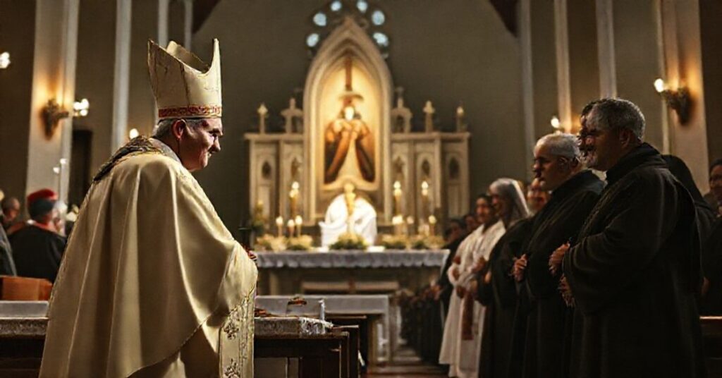 Scena przedstawiająca fałszywą beatyfikację Elisy Vakayil przez modernistyczną strukturę kościelną