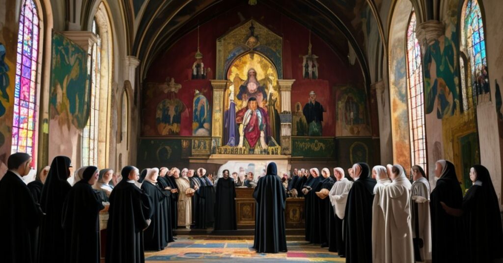 Wnętrze kościoła w Łowiczu podczas fałszywej uroczystości beatyfikacyjnej pseudo-błogosławionej Bolesławy Lament. Niewłaściwa liturgia prowadzona przez modernistycznego biskupa przy udziale sióstr zakonnych i dzieci z niekatolickiej szkoły.