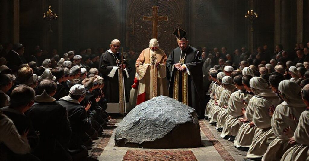 Ciemny obraz przedstawiający fałszywy rytuał pseudo-beatyfikacyjny prowadzony przez modernistycznych biskupów i fałszywego papieża w atmosferze herezji i oszustwa.